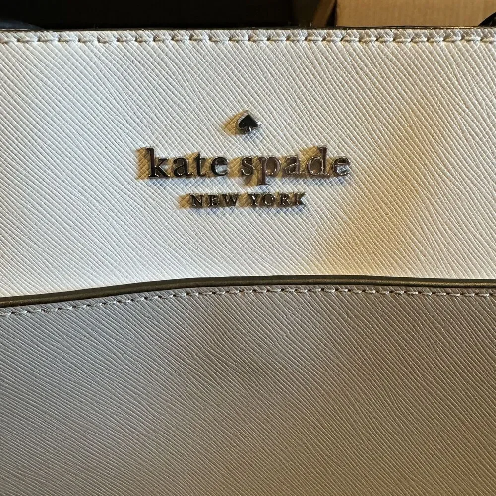 Kate Spade Staci Tote Colorblock Saffiano Leather Laptop Work Bag Gray White